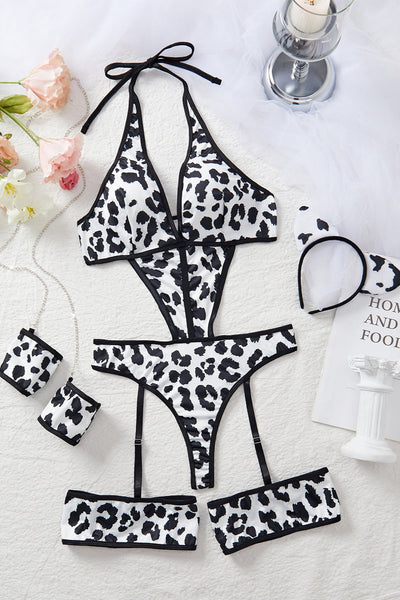 White Black Animal Print Garter Chain Sexy Leopard Kitty Costume