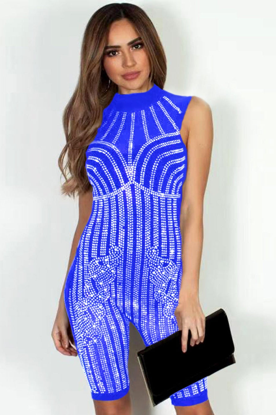 Blue Rhinestones Mesh Sleeveless Party Romper