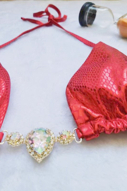 Red Snake Print Metallic Rhinestones Cheeky Ruched Bottom 2Pc Bikini Swimsuit Set