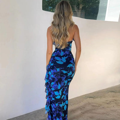 Blue Printed Lace-Up Ruffle Asymmetrical Sexy Maxi Dress