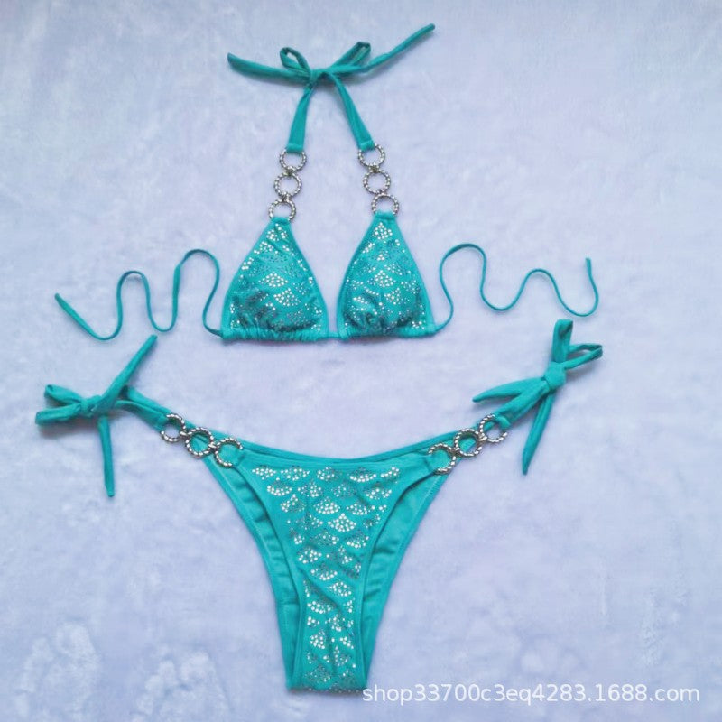 Mint Rhinestone Covered O-Ring Cheeky 2Pc Sexy Swimsuit Bikini