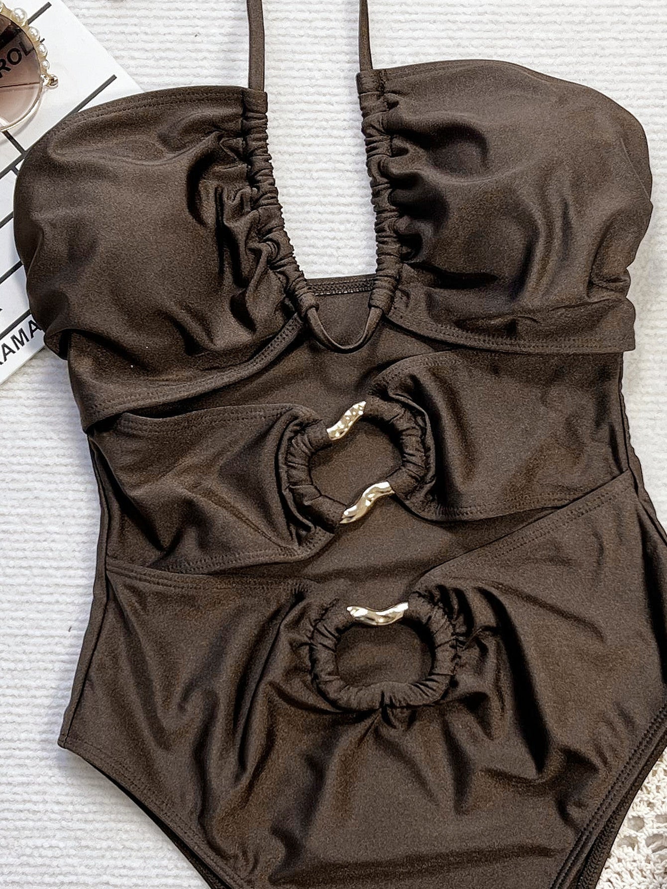 Brown Halter Cut-Out Gold Decor Ring Sexy 1Pc Swimsuit Monokini