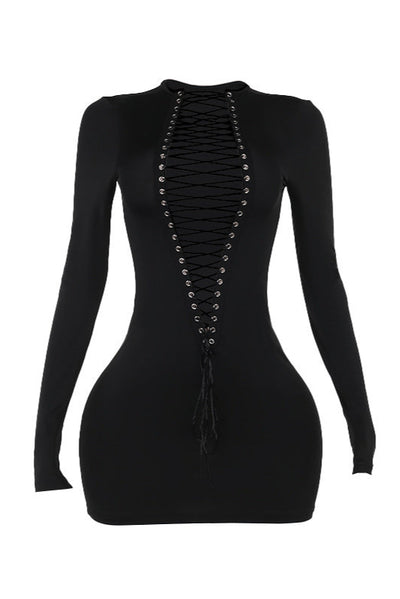 Black Lace-Up Plunging Neck Long Sleeve Sexy Fitted Party Dress