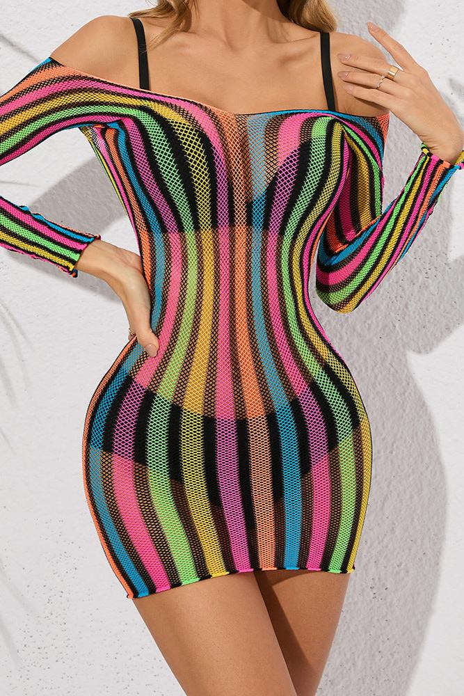 Black Multi Stripe Netted Stretchy Long Sleeve Dress