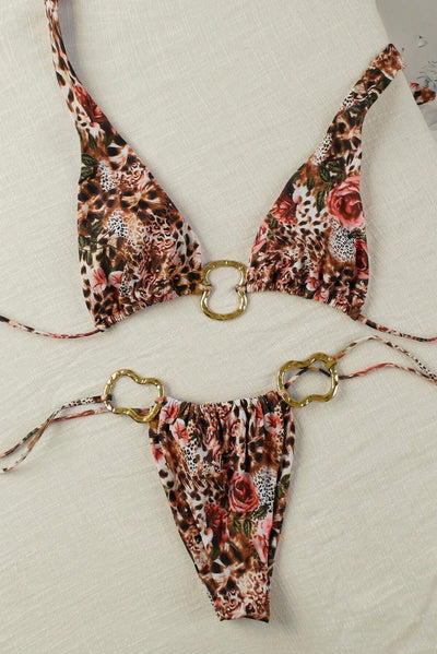 Leopard Rose Gold Decor Ruched Sexy 2Pc Swimsuit Set