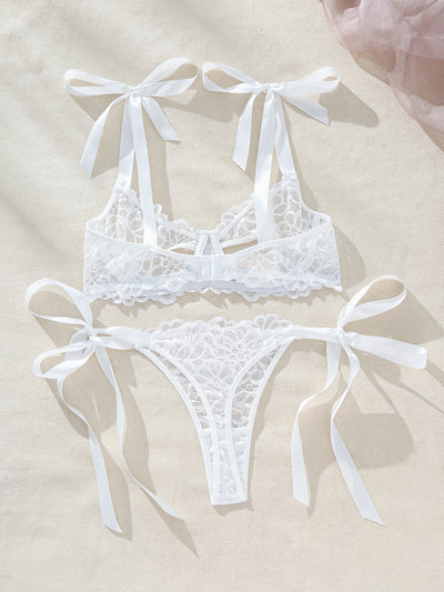 White Lace Cut-Out Ribbon Tie Bra Thong Sexy 2Pc Lingerie Set