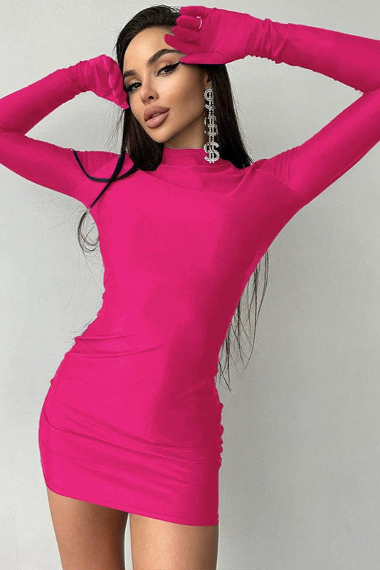 Hot Pink Long Sleeve Gloved Sexy Fitted Mini Party Dress