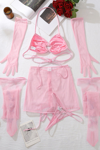 Pink Mesh Heart Ring Gloves Butterfly Stockings Thong Sexy 7Pc Lingerie Set