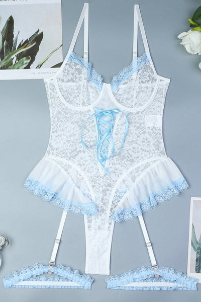 White Blue Lace Mesh Wired Bra Lace-Up Ruffle Thong Garter Bodysuit Sexy Lingerie