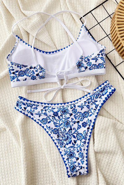 White Blue Italian Print European Vacation 2Pc Swimsuit Set