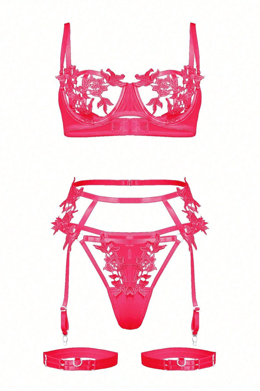 Hot Pink Crochet Cut-Out Wired Garter Belt Thong Sexy 5Pc Lingerie Set