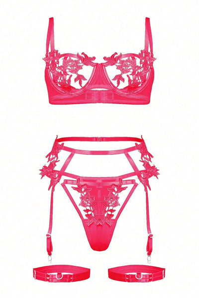 Hot Pink Crochet Cut-Out Wired Garter Belt Thong Sexy 5Pc Lingerie Set