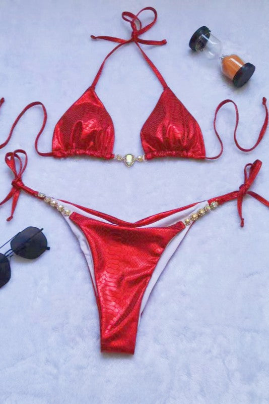 Red Snake Print Metallic Rhinestones Cheeky Ruched Bottom 2Pc Bikini Swimsuit Set