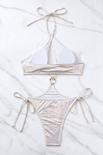 White Metallic Sexy Monokini With Ring Buckle Decor