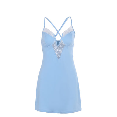 Light Blue V Wire White Lace Sexy Fit & Flare Dress