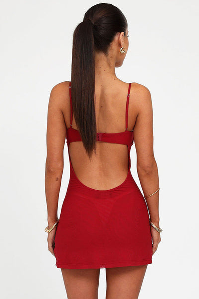 Red Mesh Rhinestone Double Layer Open Back Sexy Party Dress