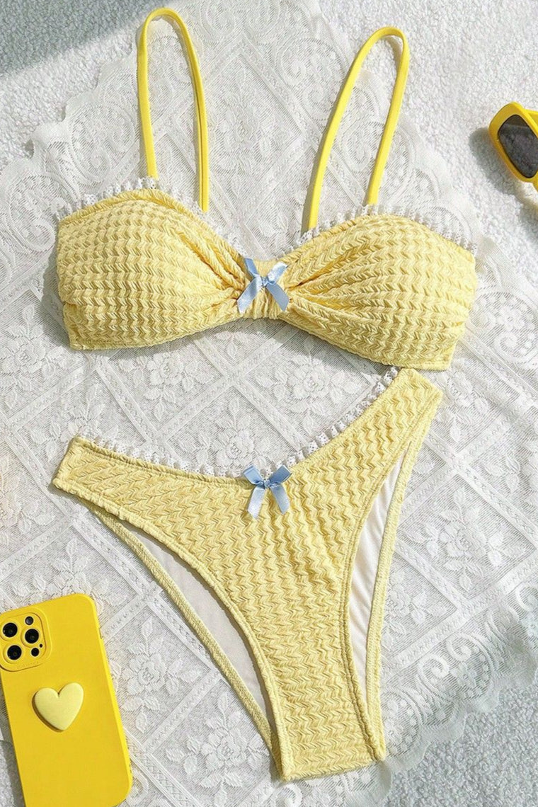 Yellow Textured Bow Lace Sexy 2Pc Swimsuit Set Bikini