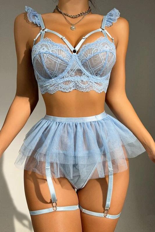 Baby Blue Lace Mesh Tutu Ruffle Thong Garter Sexy 5Pc Lingerie Set