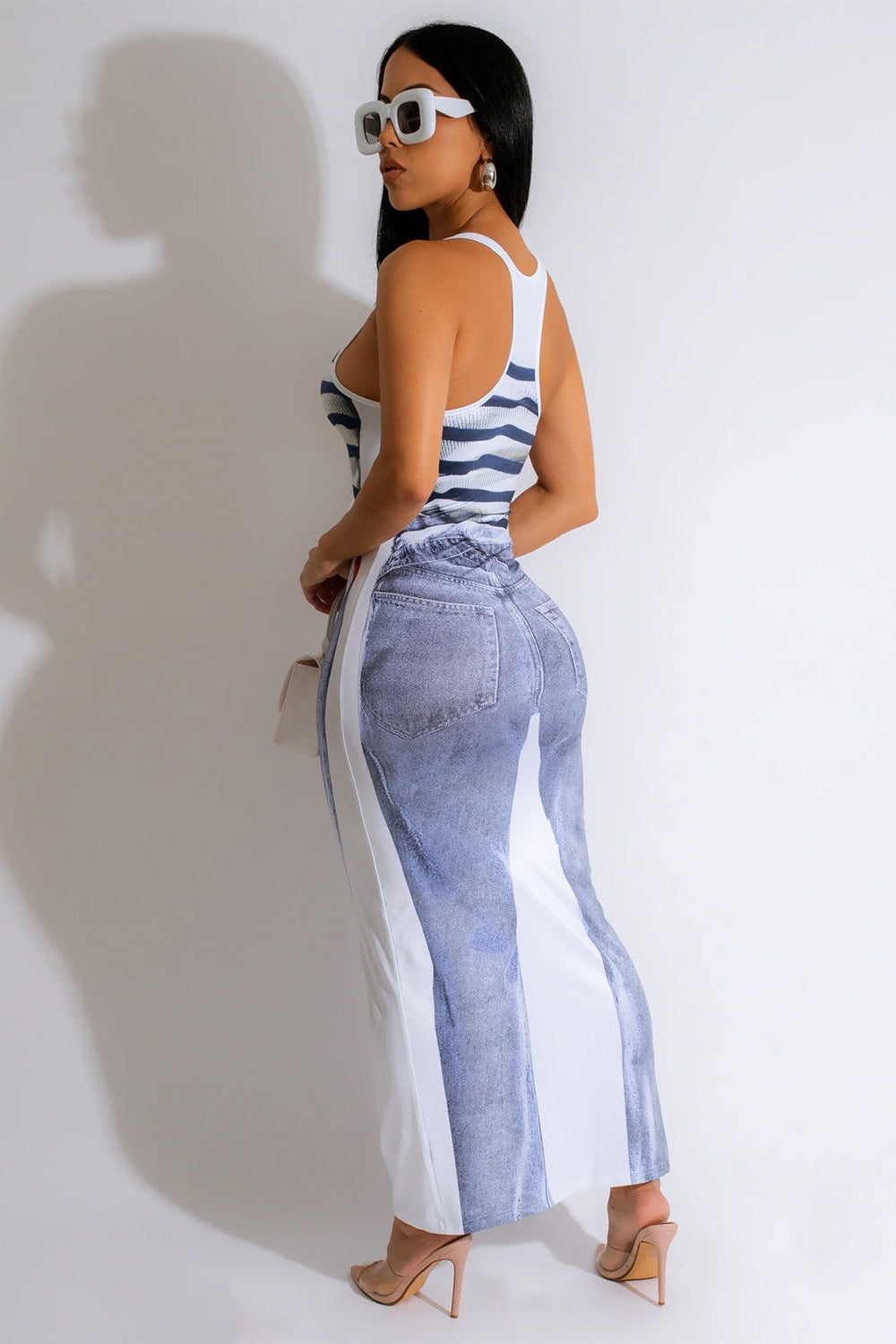 Blue Tank Denim Print Body Contour Sexy Fitted Maxi Dress