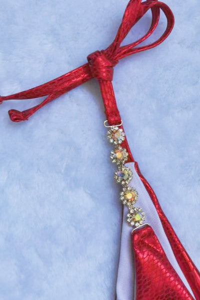 Red Snake Print Metallic Rhinestones Cheeky Ruched Bottom 2Pc Bikini Swimsuit Set