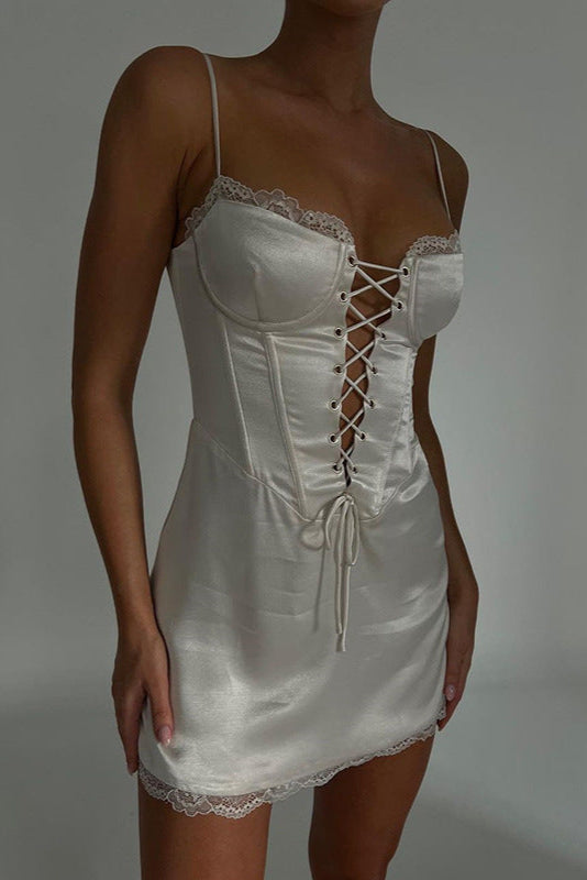 Off White Satin Lace-Up Sexy Spaghetti Straps Dress