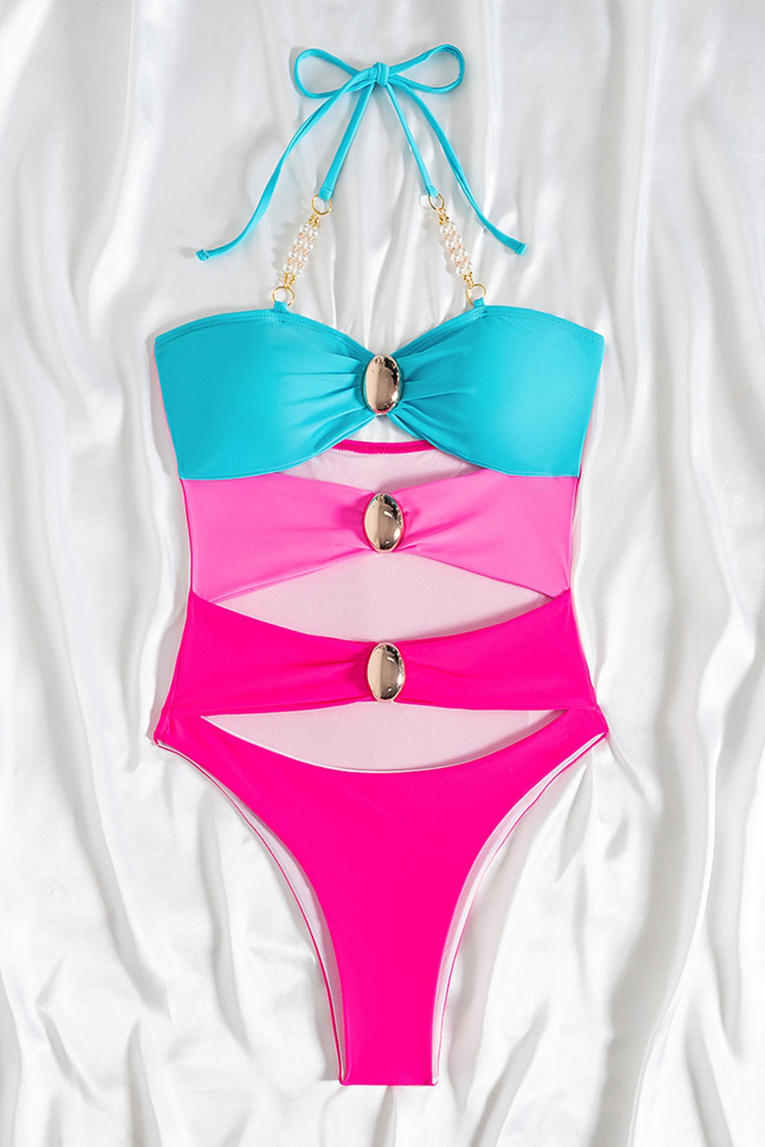 Pink Blue Pearl Gold Decor Cut-Out Sexy Cheeky Monokini 1Pc Swimsuit