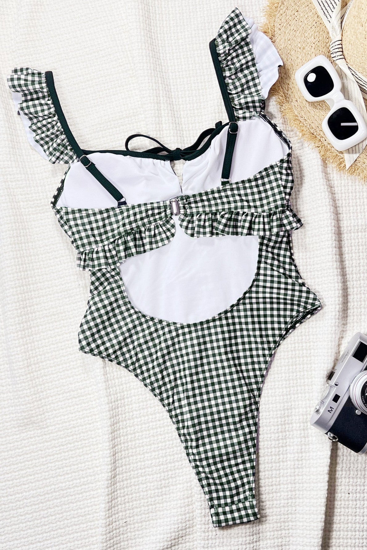 Black White Gingham Plaid Ruffle Bow High Cut Sexy 1Pc Swimsuit Monokini