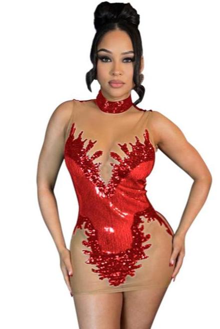 Red Sequin Nude Mesh Sexy Fitted Party Dress