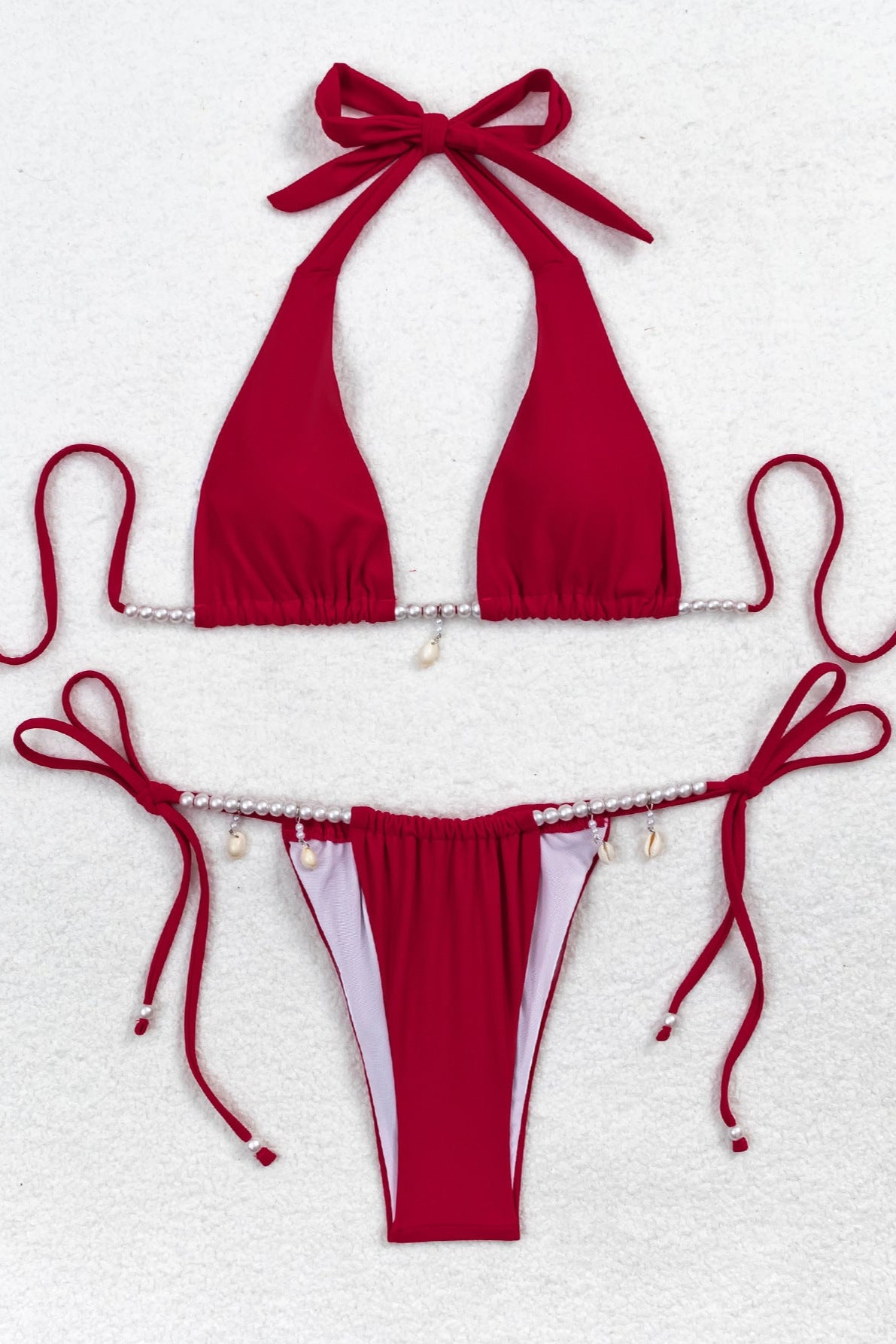 Red Pearl Sea Shell Halter Cheeky Sexy 2Pc Swimsuit Set