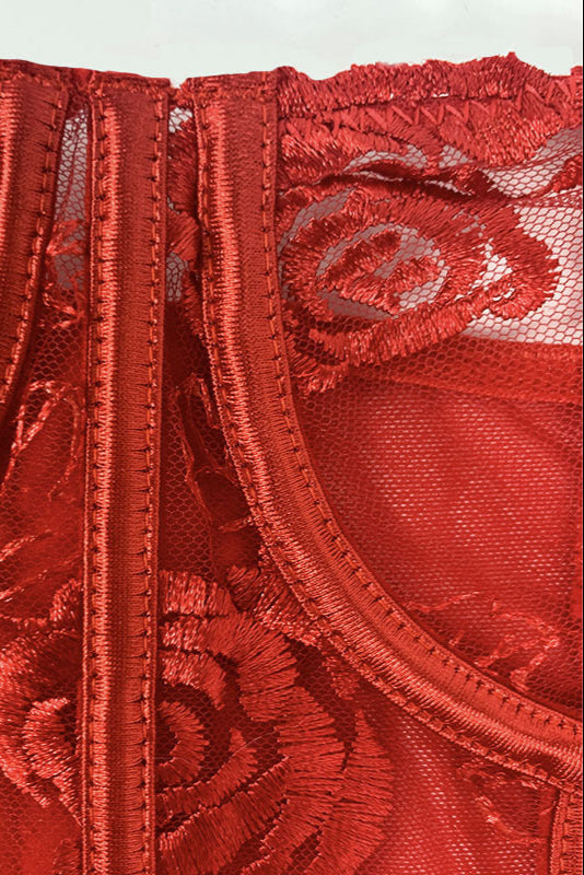 Red Rose Lace Mesh Wired Boned Corset Chain Thong Sexy 2Pc Lingerie Set