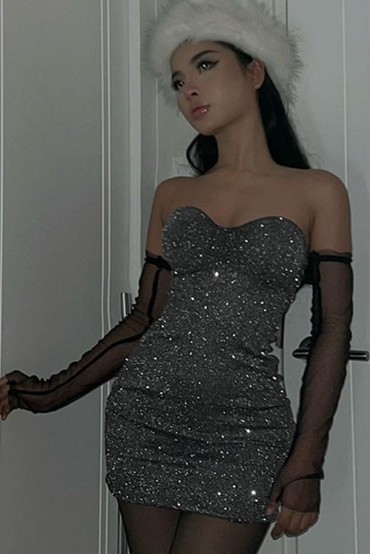 Black Sparkly Shimmer Strapless Sexy Fitted Party Dress