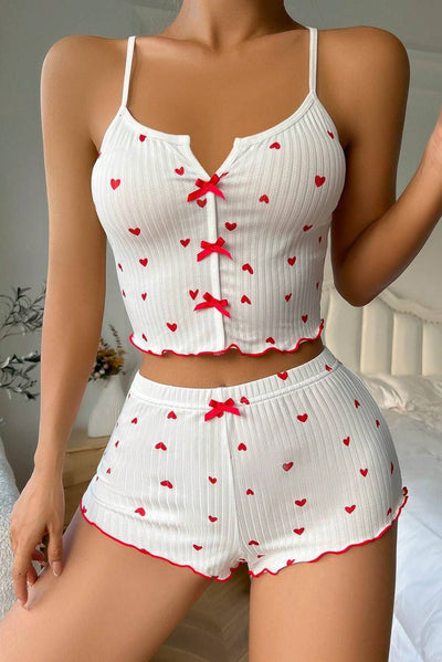 White Red Heart Bow Ruffle Comfy Cami Shorts 2Pc Sexy PJ Set