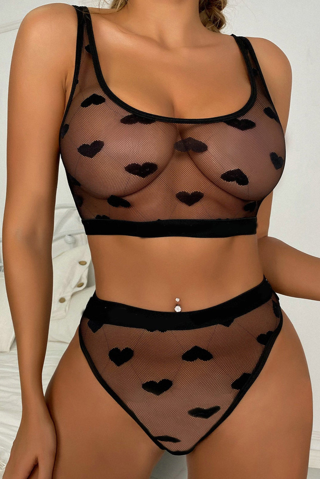 Black Heart Mesh Crop Top Shorts Sexy 2Pc Lingerie Set