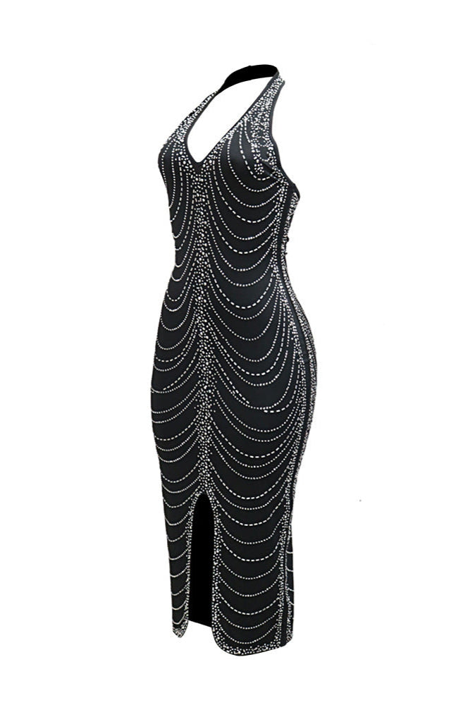 Black Cascading Rhinestones Halter Slit Sexy Fitted Midi Party Dress