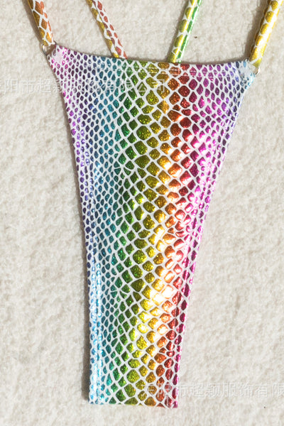 Rainbow Metallic Snake Strappy Triangle Thong Suspenders Sexy 2Pc Swimsuit Set