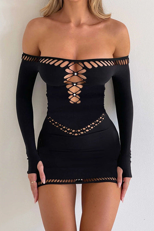 Black Rhinestones Off Shoulders Long Sleeves Stretchy Sexy Fitted Dress