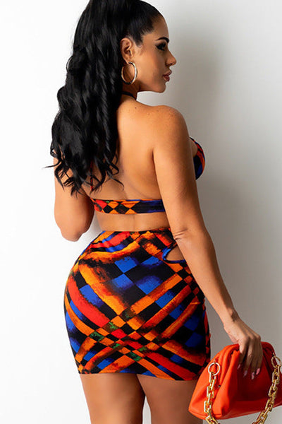 Orange Multi Geo Print Halter Ruched Skirt Sexy 2Pc Dress Outfit