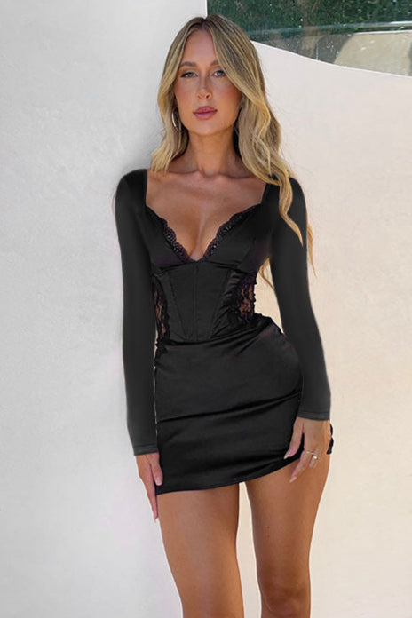 Black Satin Lace Boned Corset Long Sleeve Sexy Fitted Party Dress