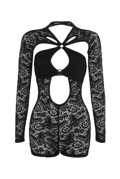 Black Lace Cut-Put O-Ring Long Sleeve Fitted Sexy Romper