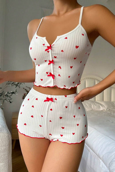 White Red Heart Bow Ruffle Comfy Cami Shorts 2Pc Sexy PJ Set