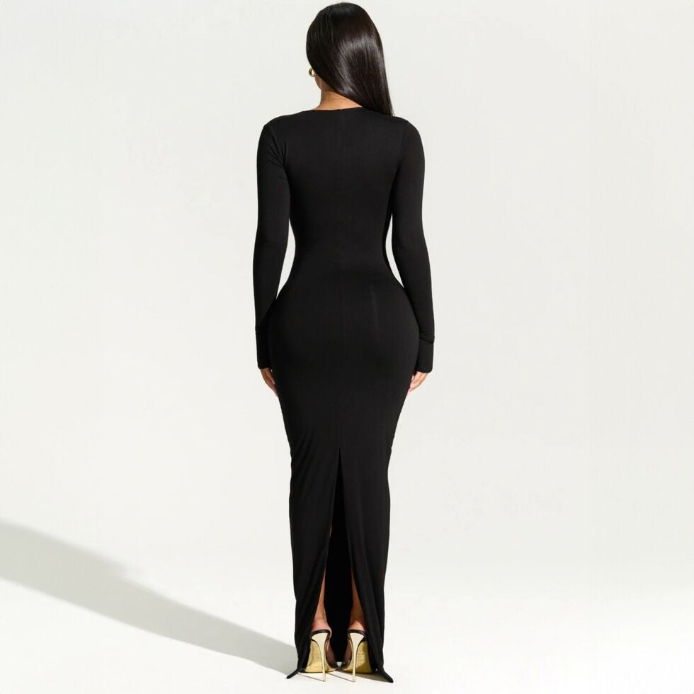 Black Long Sleeve Back Slit Sexy Fitted Full Length Maxi Party Dress