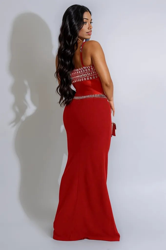 Red Big Rhinestones Gem Mesh Sexy Fitted Mermaid Maxi Party Dress