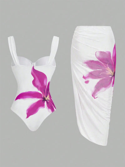 White Purple Flower Monokini Cover-Up 2Pc Swimsuit Set