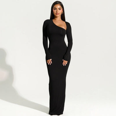 Black Long Sleeve Back Slit Sexy Fitted Full Length Maxi Party Dress