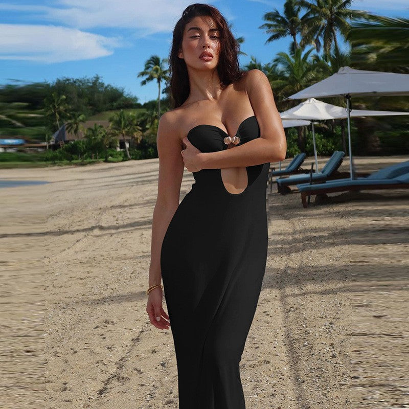 Black Strapless Button Detail Cut-Out Sexy Maxi Party Dress