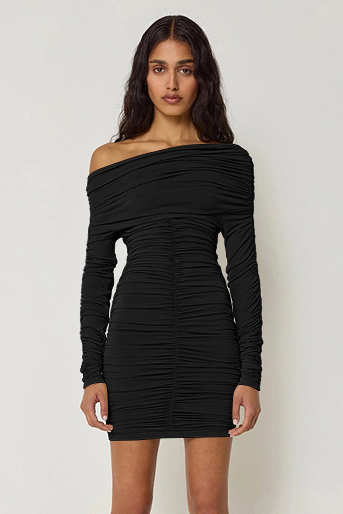 Black Long Sleeves Ruched Off Shoulder Sexy Fitted Party Dress