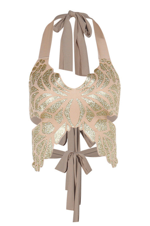 Khaki Gold Glitter Design Butterfly Tie Back Sexy Party Top