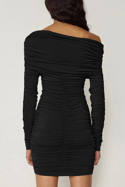 Black Long Sleeves Ruched Off Shoulder Sexy Fitted Party Dress