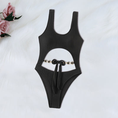 Black Textured Fabric Gem Cut-Out Sexy 1Pc Swimsuit Monokini