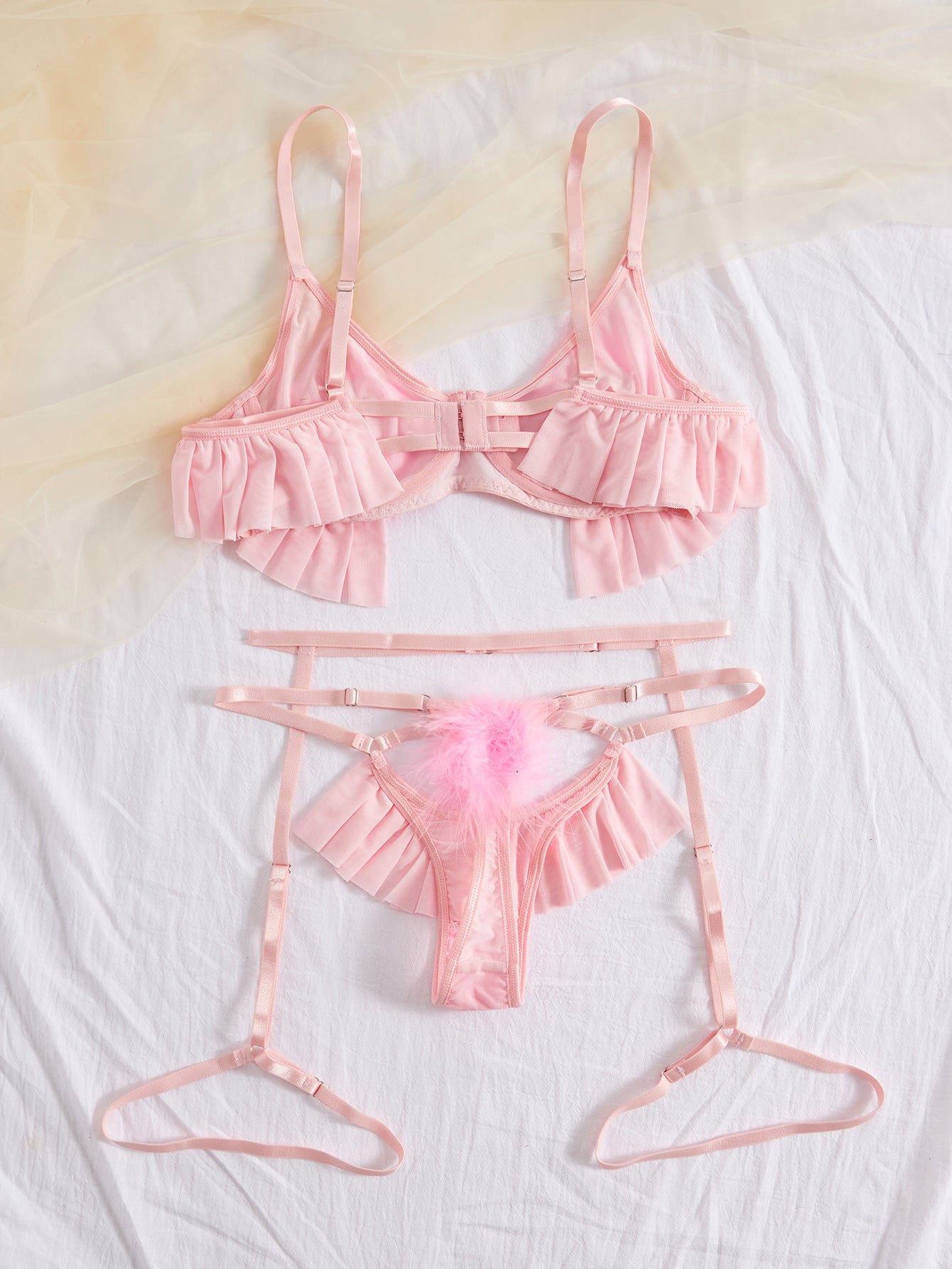 Light Pink Feather Ruffle Bra Thong Garter Belt Sexy 3Pc Lingerie Set